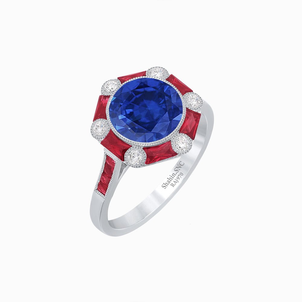 Art Deco Inspired Hexagon Halo Ring With Gemstone - Shahin Jewelry