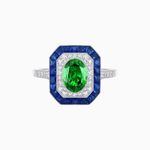 Load image into Gallery viewer, Art Deco Inspired Octagonal Halo Ring with Oval Center Stone and French-Cut Gemstone Border - Shahin Jewelry