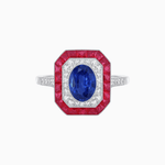 Load image into Gallery viewer, Art Deco Inspired Octagonal Halo Ring with Oval Center Stone and French-Cut Gemstone Border - Shahin Jewelry