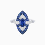 Load image into Gallery viewer, Art Deco Inspired Oval Cut Center Ring with Calibré-Cut Gemstone Navette Halo - Shahin Jewelry