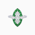 Load image into Gallery viewer, Art Deco Inspired Oval Cut Center Ring with Calibré-Cut Gemstone Navette Halo - Shahin Jewelry