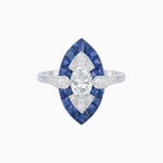 Load image into Gallery viewer, Art Deco Inspired Oval Cut Center Ring with Calibré-Cut Gemstone Navette Halo - Shahin Jewelry