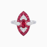 Load image into Gallery viewer, Art Deco Inspired Oval Cut Center Ring with Calibré-Cut Gemstone Navette Halo - Shahin Jewelry