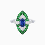 Load image into Gallery viewer, Art Deco Inspired Oval Cut Center Ring with Calibré-Cut Gemstone Navette Halo - Shahin Jewelry