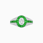 Load image into Gallery viewer, Art Deco Inspired Oval Cut Ring with Calibré Gemstone Halo and Diamond Accents - Shahin Jewelry