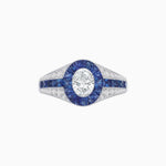 Load image into Gallery viewer, Art Deco Inspired Oval Cut Ring with Calibré Gemstone Halo and Diamond Accents - Shahin Jewelry