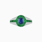 Load image into Gallery viewer, Art Deco Inspired Oval Cut Ring with Calibré Gemstone Halo and Diamond Accents - Shahin Jewelry
