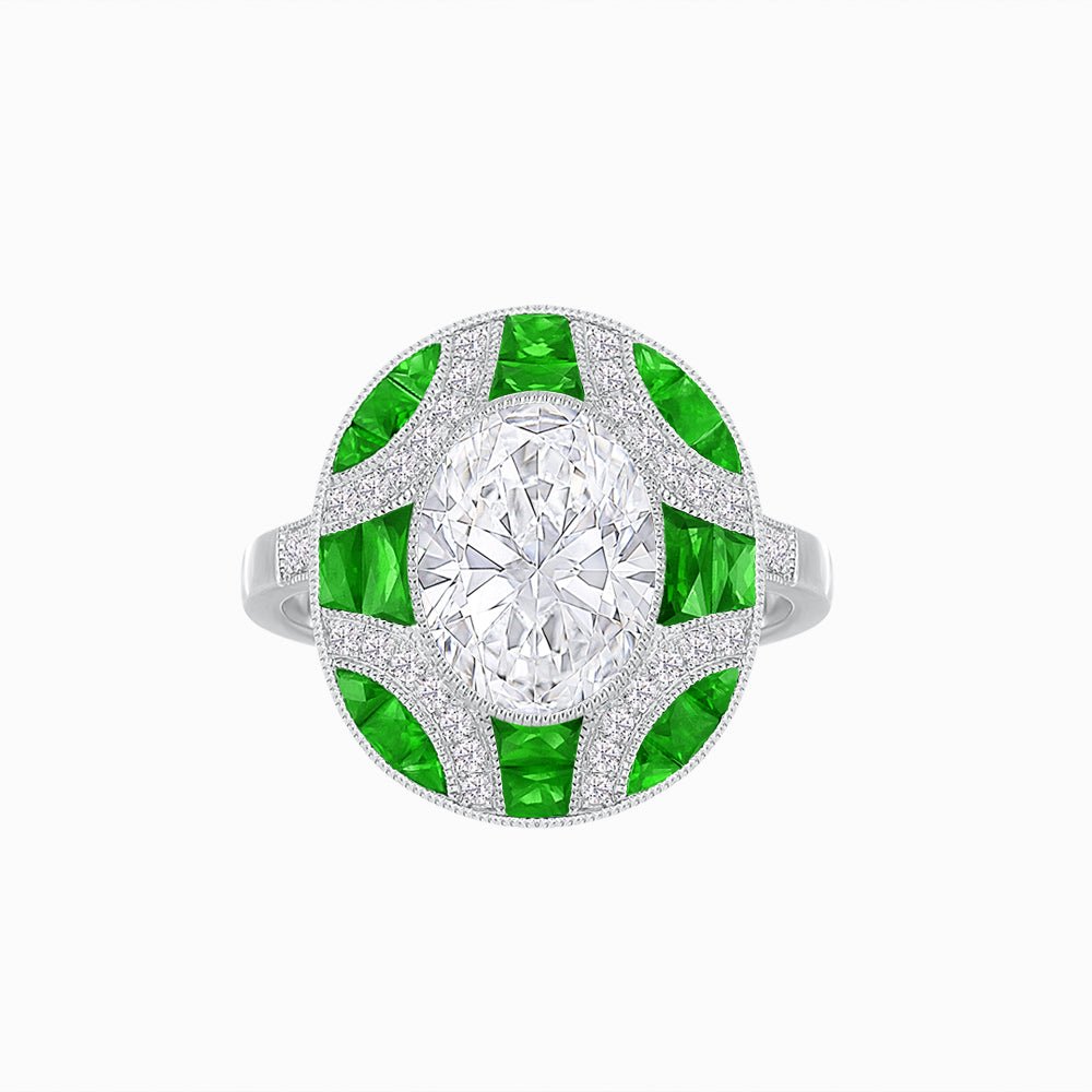 Nocturne in Blue – Art Deco Inspired Oval Ring with Diamond and Gemstone  Custom Center Stone | Geometric Elegance | Hand-Applied Milgrain