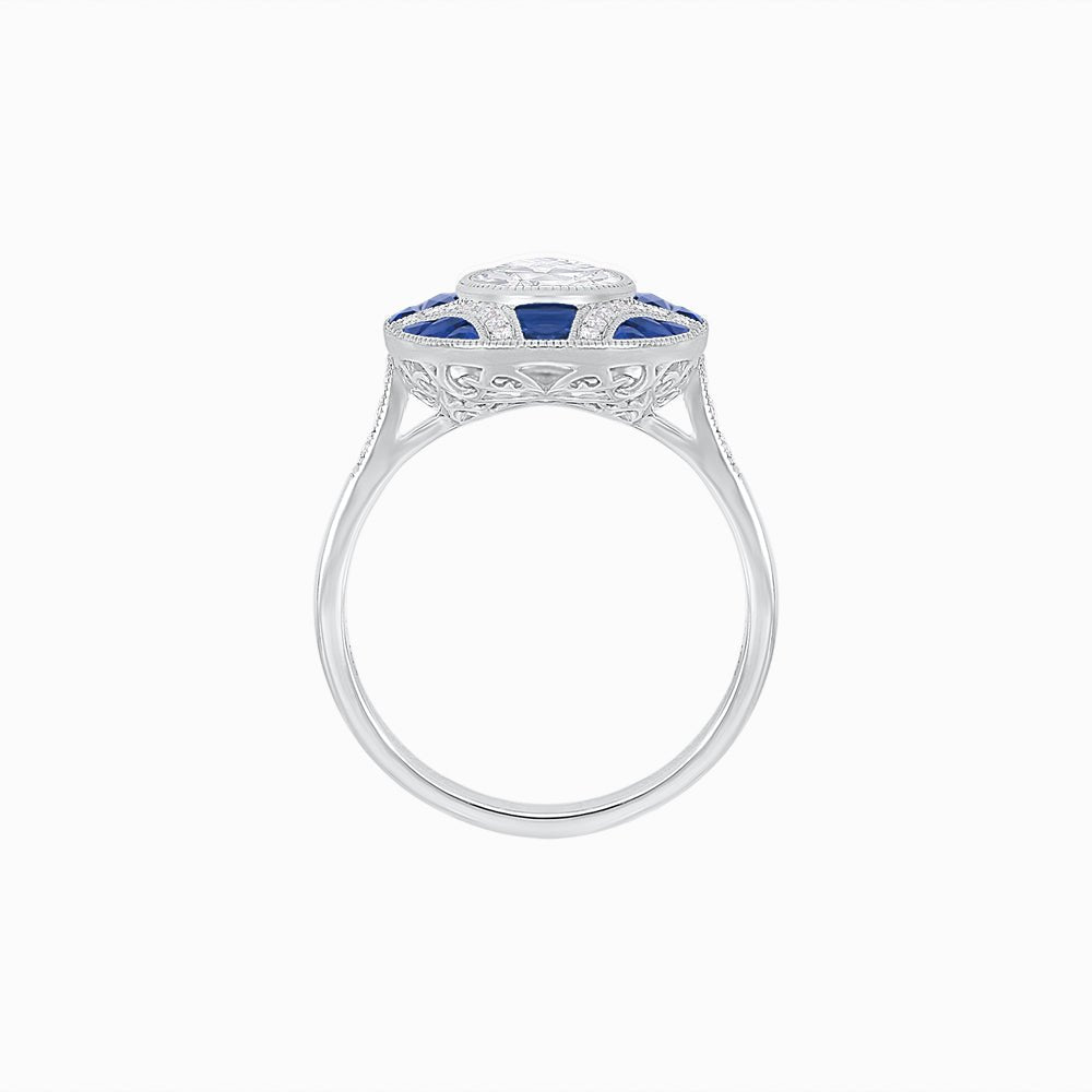 Nocturne in Blue – Art Deco Inspired Oval Ring with Diamond and Gemstone  Custom Center Stone | Geometric Elegance | Hand-Applied Milgrain