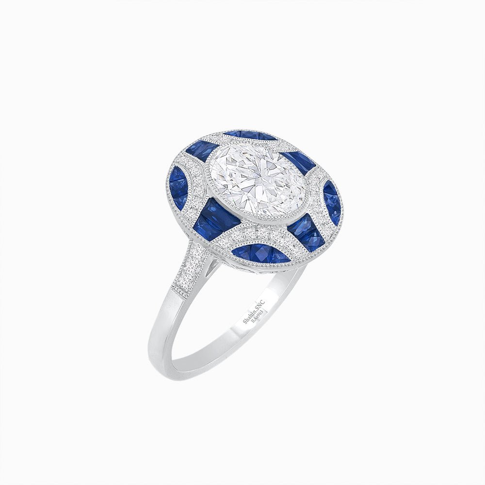 Nocturne in Blue – Art Deco Inspired Oval Ring with Diamond and Gemstone  Custom Center Stone | Geometric Elegance | Hand-Applied Milgrain
