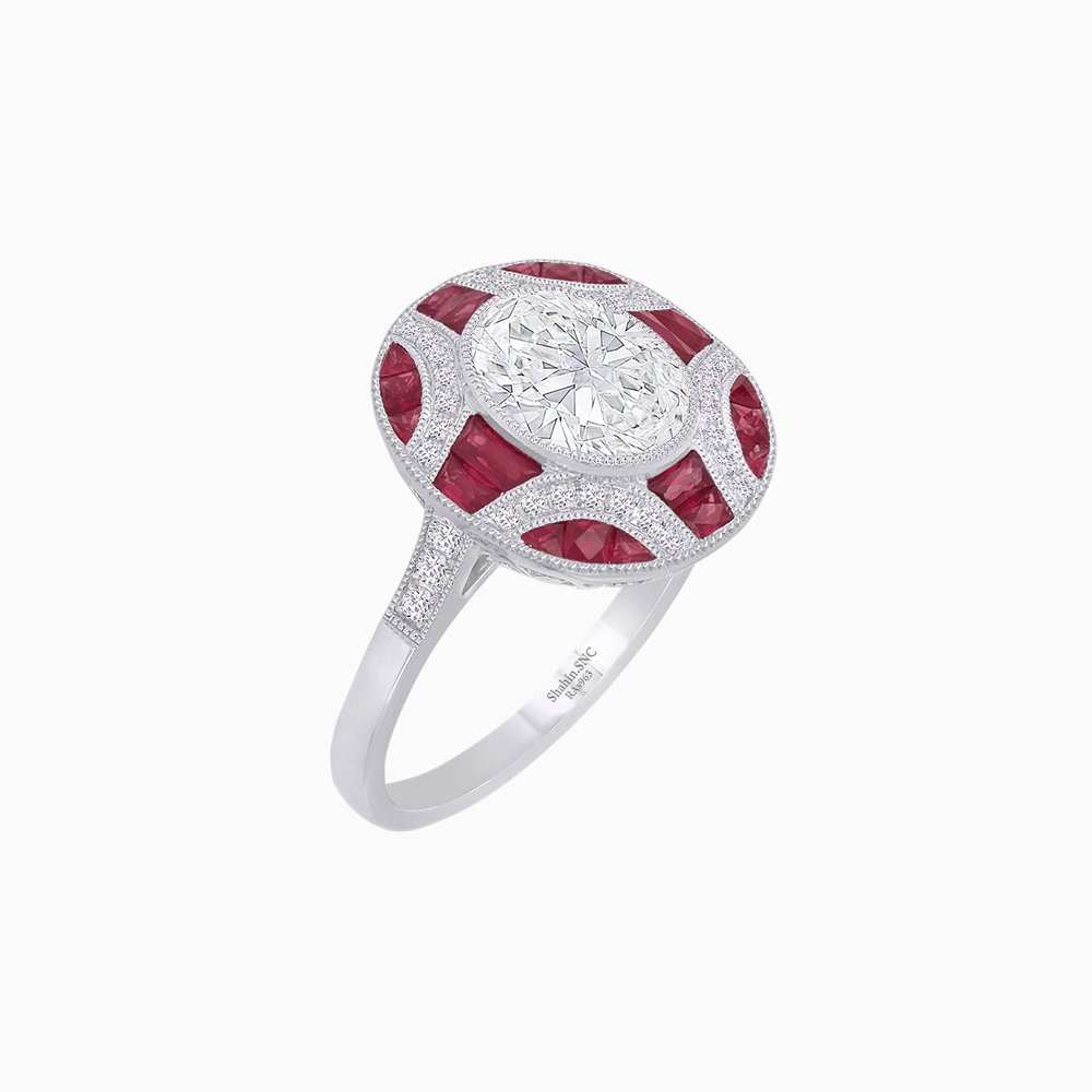 Nocturne in Blue – Art Deco Inspired Oval Ring with Diamond and Gemstone  Custom Center Stone | Geometric Elegance | Hand-Applied Milgrain
