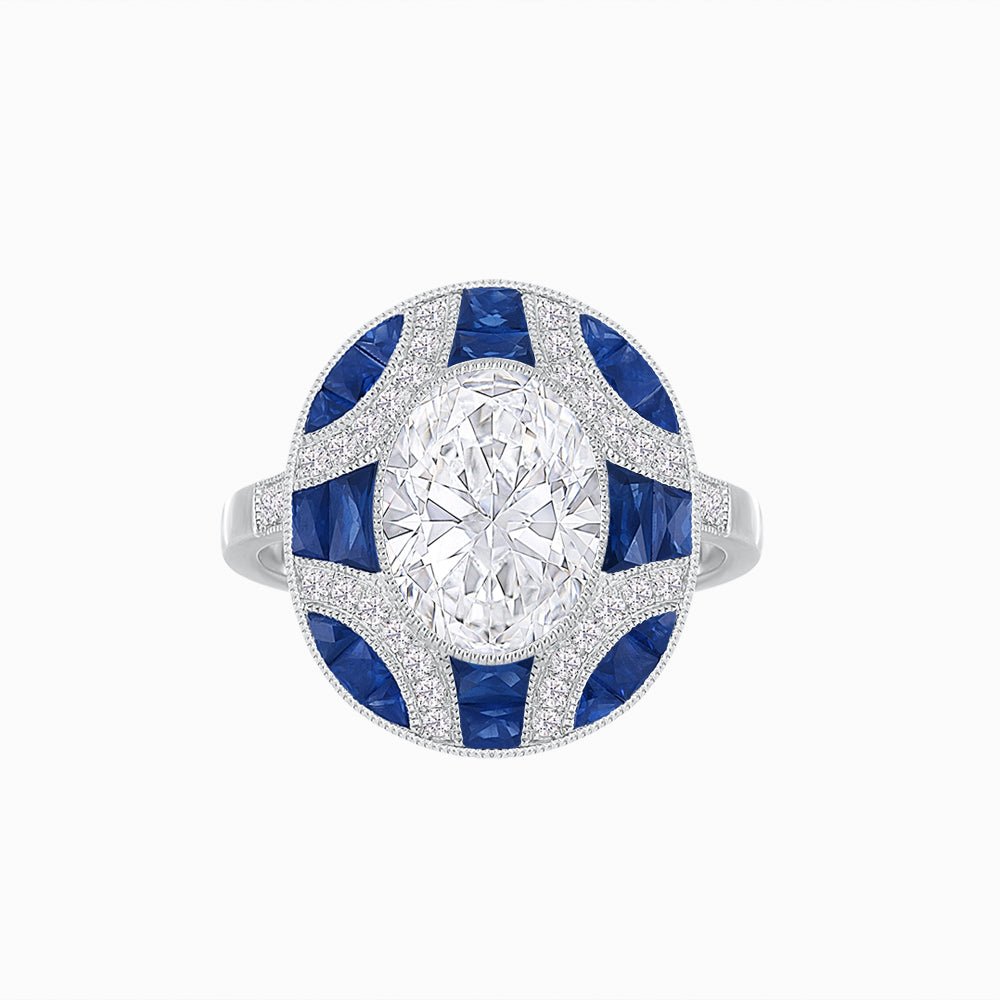 Nocturne in Blue – Art Deco Inspired Oval Ring with Diamond and Gemstone  Custom Center Stone | Geometric Elegance | Hand-Applied Milgrain