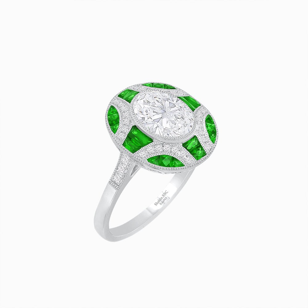 Nocturne in Blue – Art Deco Inspired Oval Ring with Diamond and Gemstone  Custom Center Stone | Geometric Elegance | Hand-Applied Milgrain