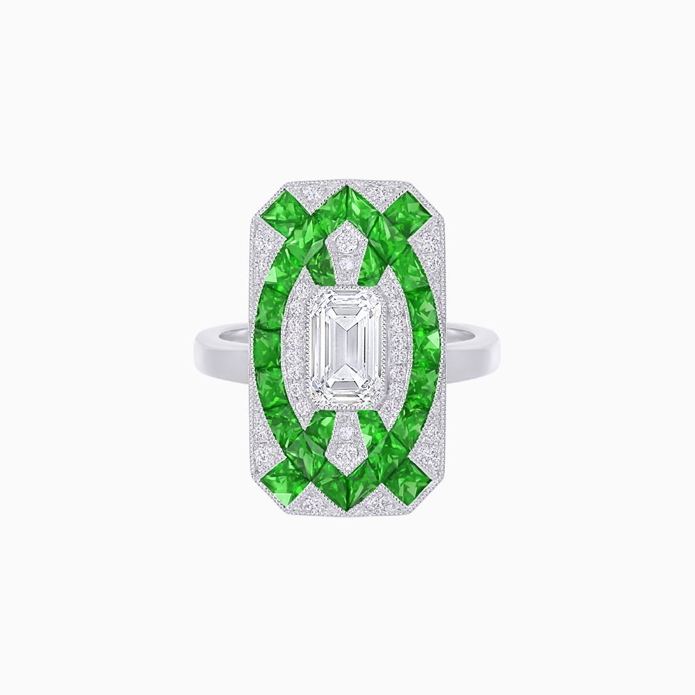 Art Deco Inspired Rectangle Cocktail Ring with Emerald Cut Diamond - Shahin Jewelry