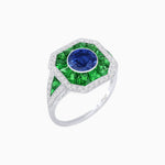 Load image into Gallery viewer, Art Deco Inspired Round Center Octagonal Calibré-Cut Halo Engagement Ring - Shahin Jewelry