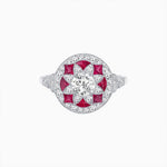 Load image into Gallery viewer, Art Deco Inspired Round Cut Halo Ring with Calibré Gemstone Accents - Shahin Jewelry