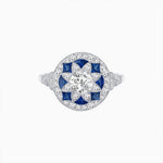 Load image into Gallery viewer, Art Deco Inspired Round Cut Halo Ring with Calibré Gemstone Accents - Shahin Jewelry