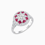 Load image into Gallery viewer, Art Deco Inspired Round Cut Halo Ring with Calibré Gemstone Accents - Shahin Jewelry