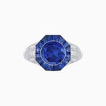 Load image into Gallery viewer, Art Deco Inspired Round Cut Ring with Octagonal Calibré-Cut Gemstone Halo - Shahin Jewelry