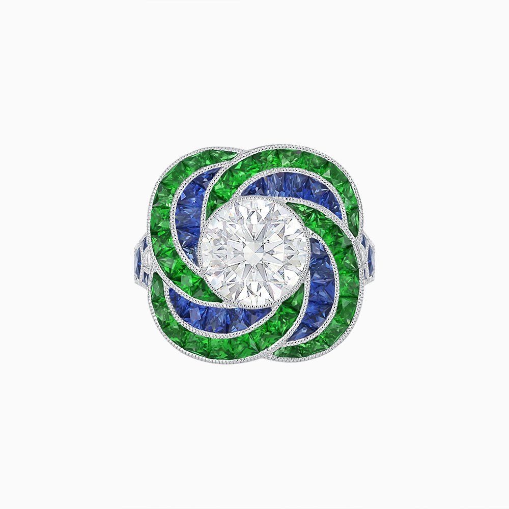 Art Deco - Inspired Swirl Halo Ring Mounting with French - Cut Accents Custom Center Stone | Floral Geometry | Hand - Finished Detail - Shahin Jewelry