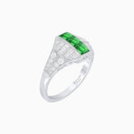 Load image into Gallery viewer, Art Deco Inspired Three - Stone Bezel Framed Ring with Diamond and Emerald - Shahin Jewelry
