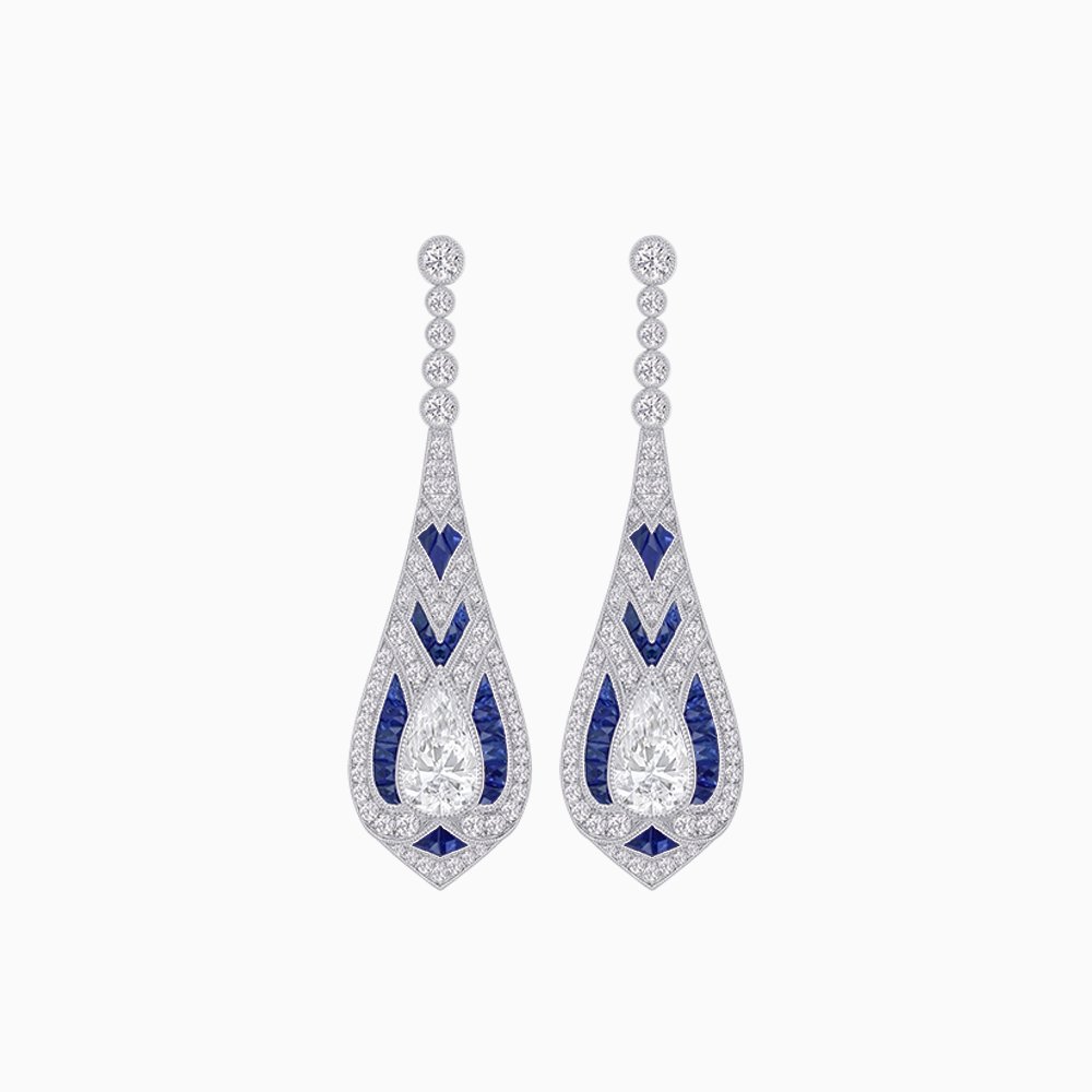 Art Deco Style Diamond and Sapphire Pear Shaped Drop Earrings - Shahin Jewelry