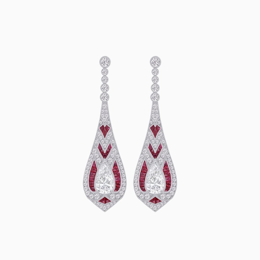 Art Deco Style Diamond and Sapphire Pear Shaped Drop Earrings - Shahin Jewelry