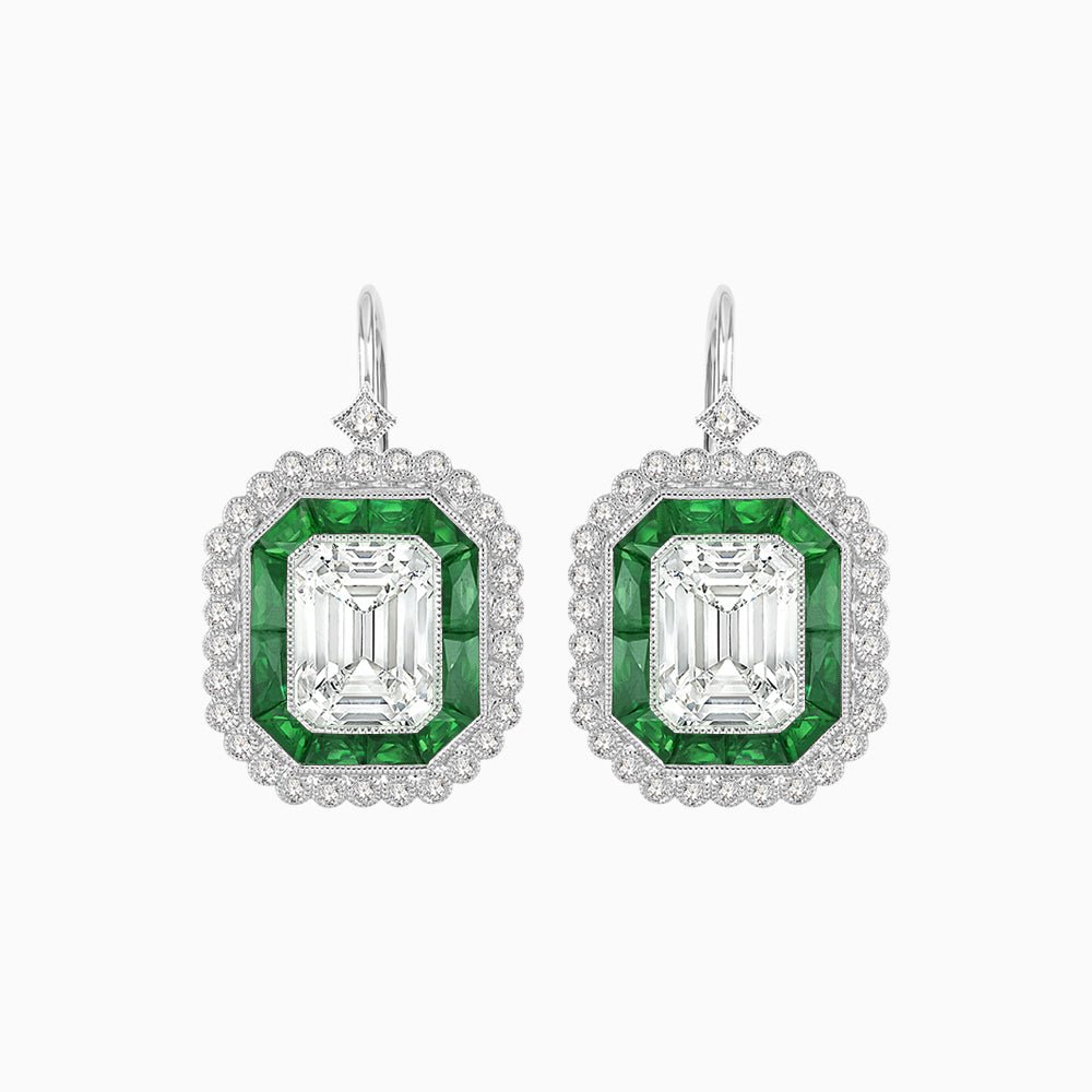 Art Deco Style Emerald Cut Stud Earrings with Illusion Emerald Cut Diamonds - Shahin Jewelry
