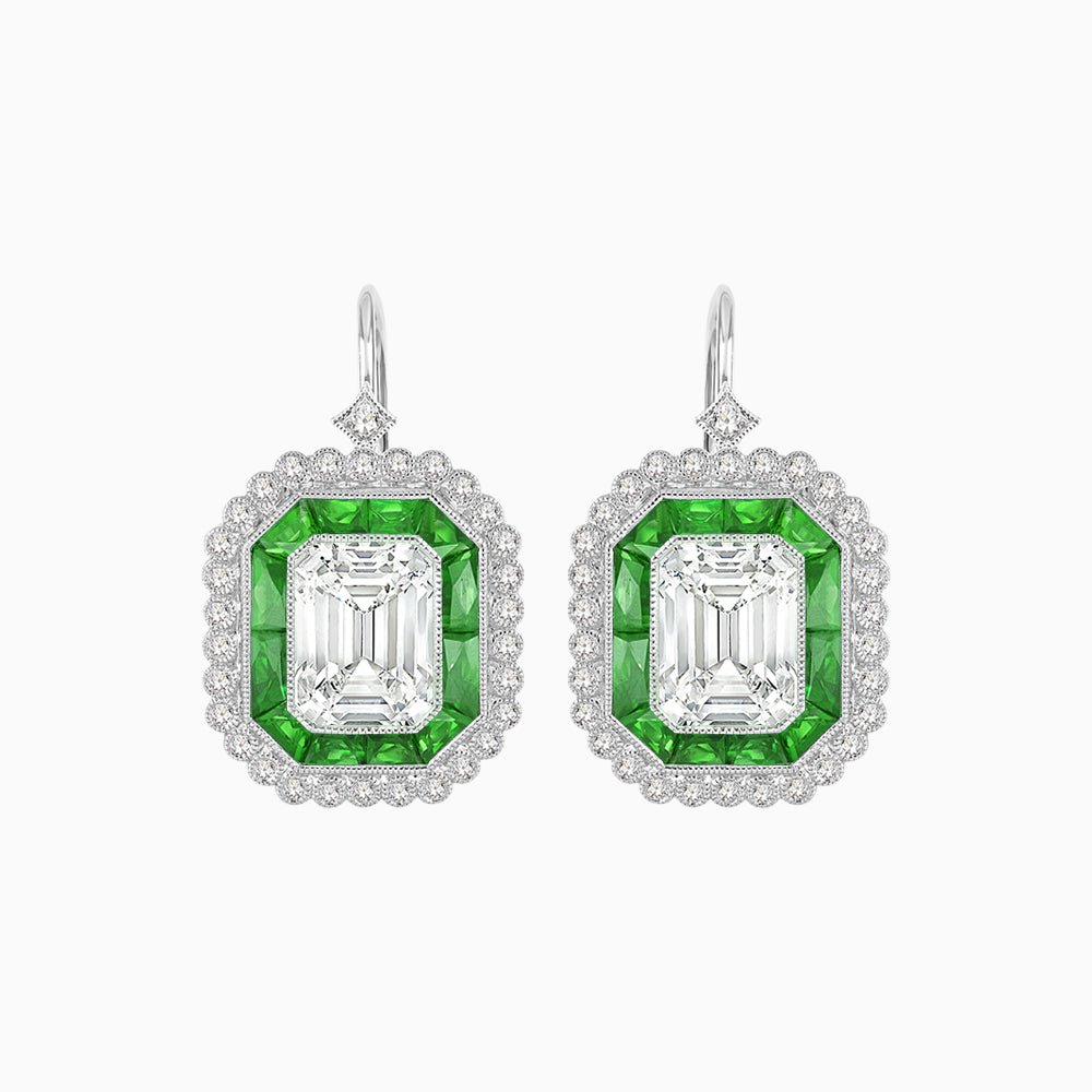 Art Deco Style Emerald Cut Stud Earrings with Illusion Emerald Cut Diamonds - Shahin Jewelry