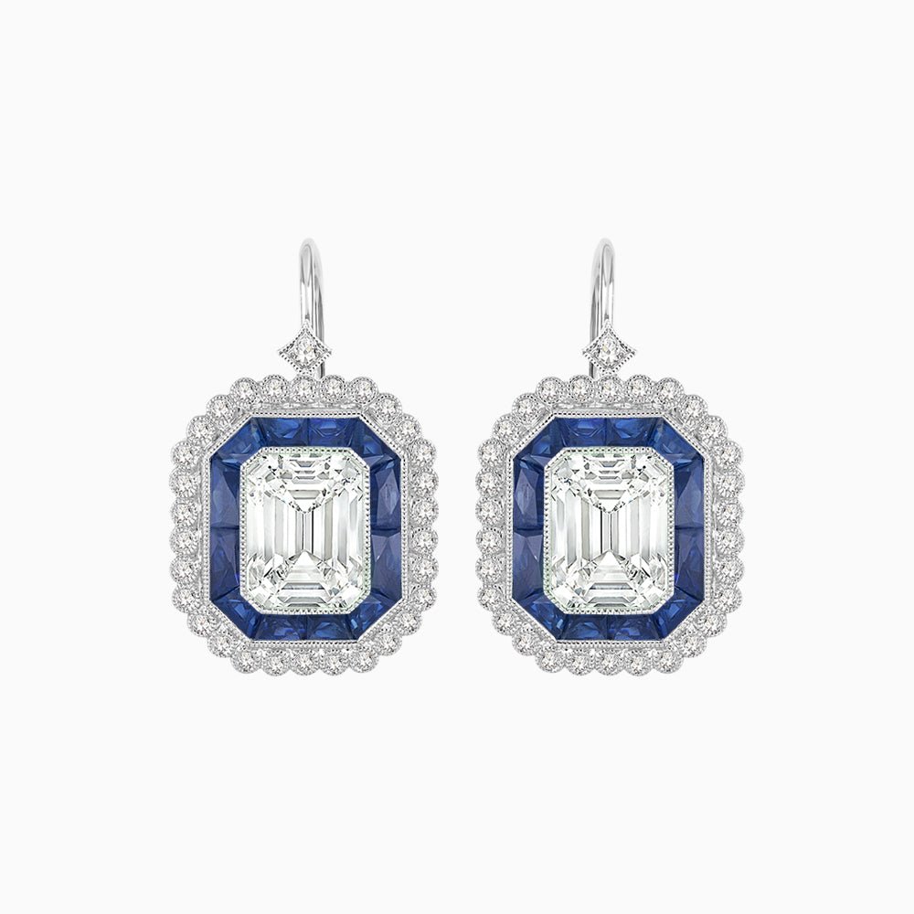 Art Deco Style Emerald Cut Stud Earrings with Illusion Emerald Cut Diamonds - Shahin Jewelry