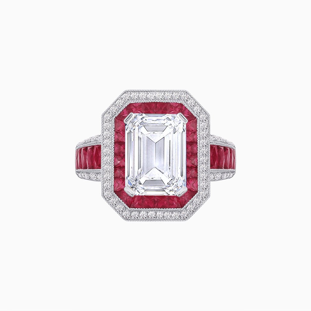 Art Deco Style French Cut Sapphire Ring With Diamond - Shahin Jewelry
