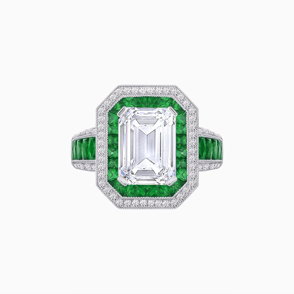 Art Deco Style French Cut Sapphire Ring With Diamond - Shahin Jewelry