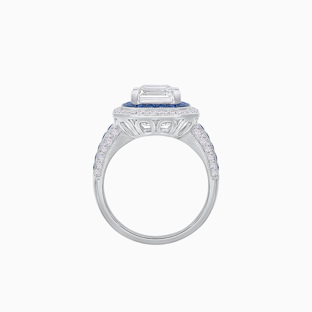 Art Deco Style French Cut Sapphire Ring With Diamond - Shahin Jewelry