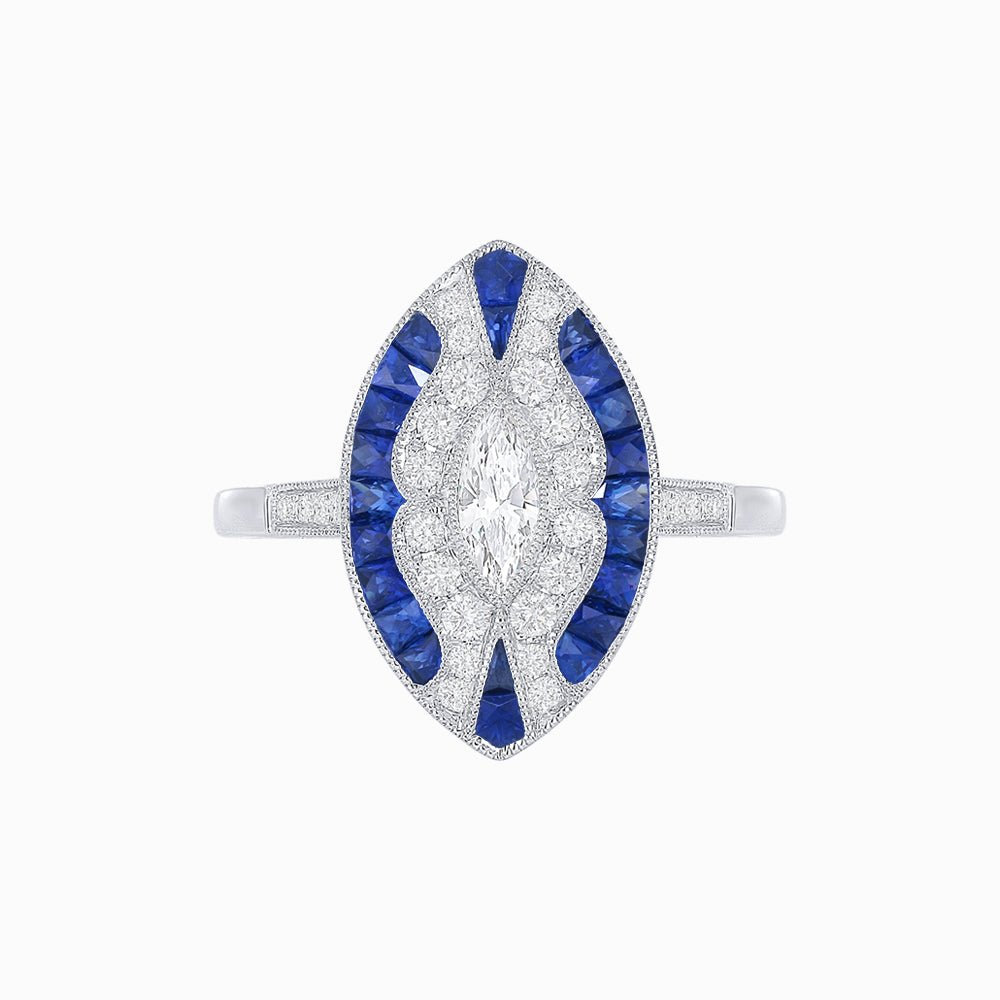 Art Deco Style Marquise Center Clover Ring with Diamond - Shahin Jewelry