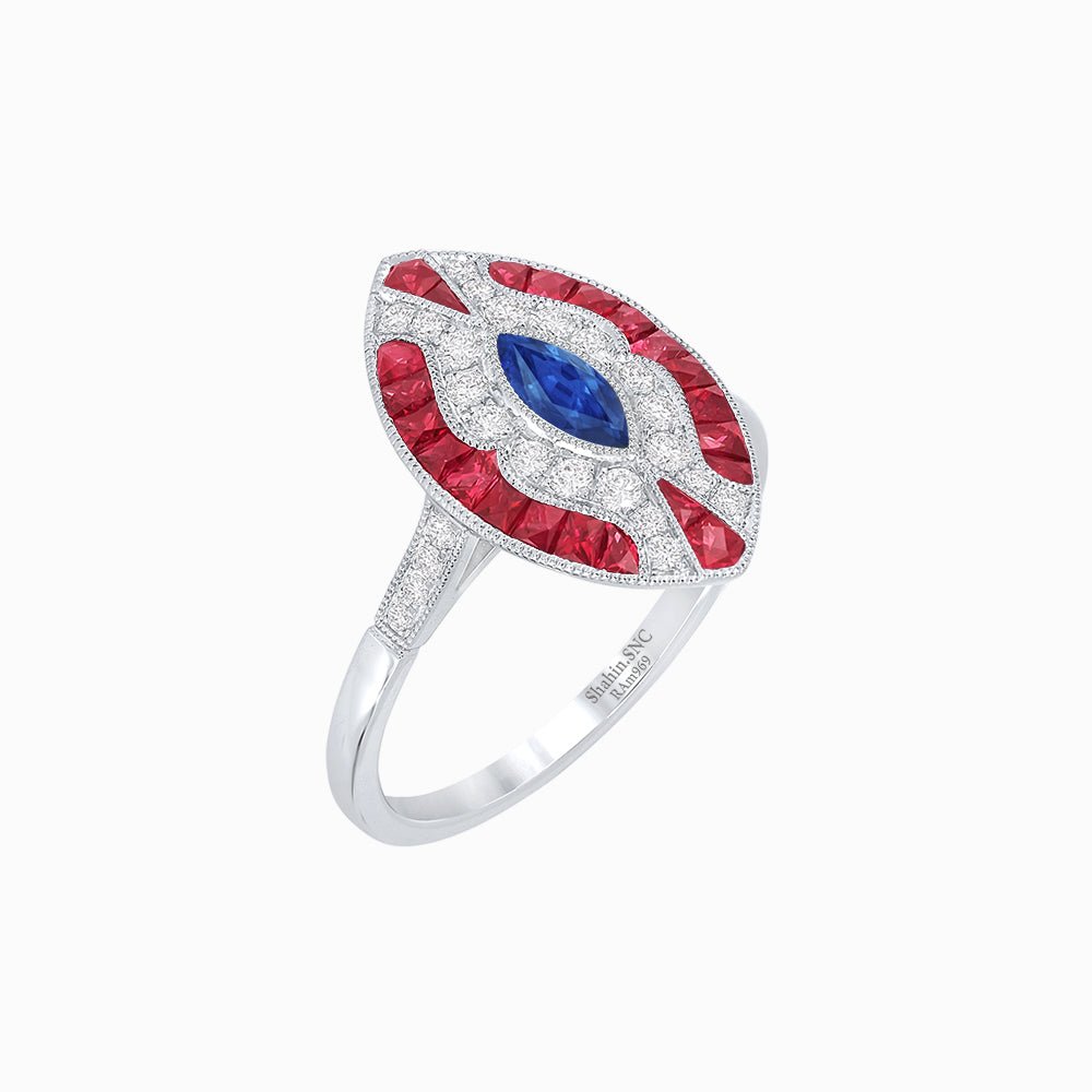 Art Deco Style Marquise Center Clover Ring withGemstone - Shahin Jewelry