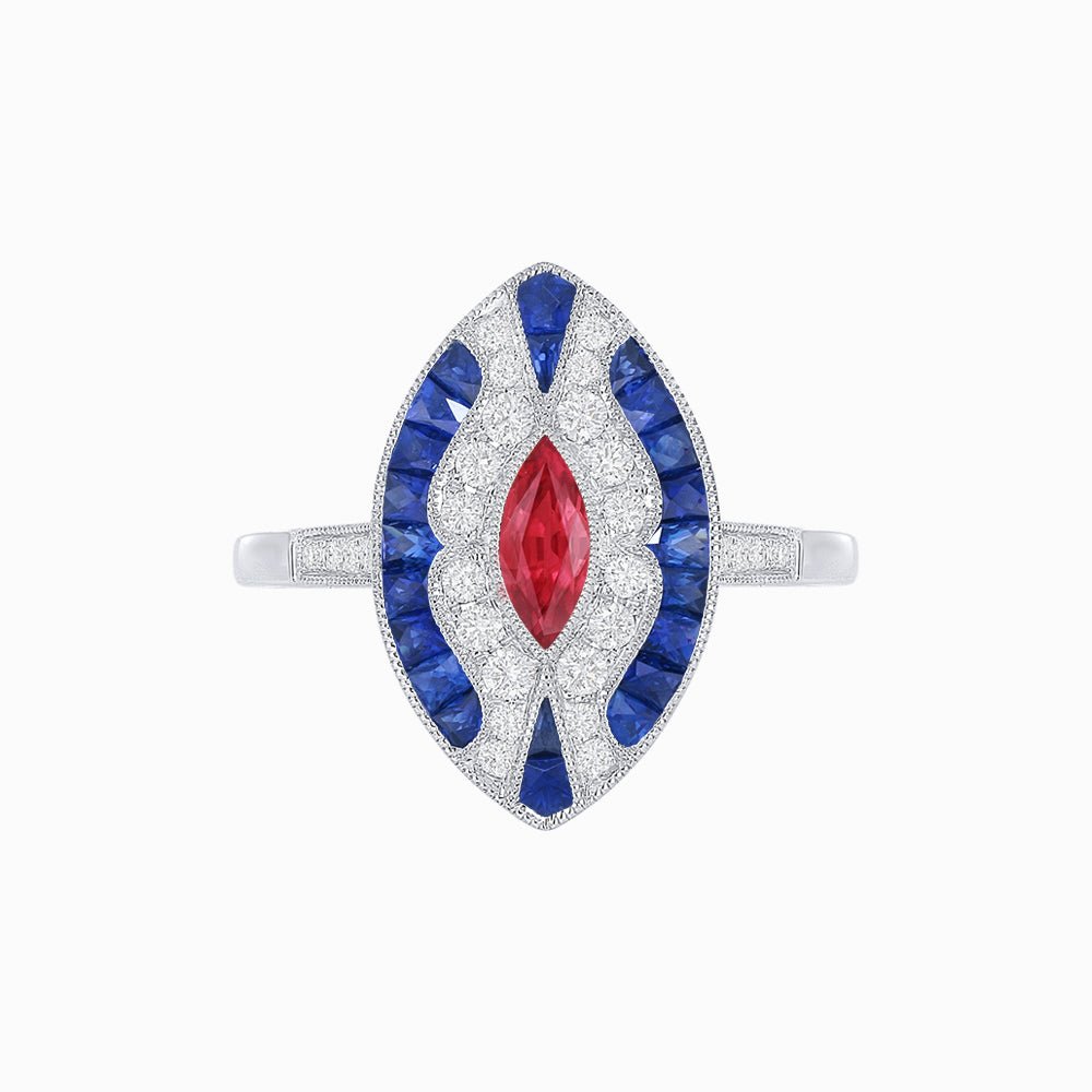 Art Deco Style Marquise Center Clover Ring withGemstone - Shahin Jewelry