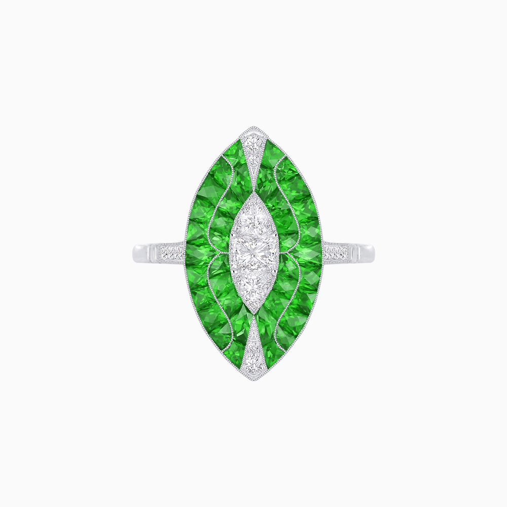 Art Deco Style Marquise Shape Center Clover Illusion Ring with Gemstone - Shahin Jewelry