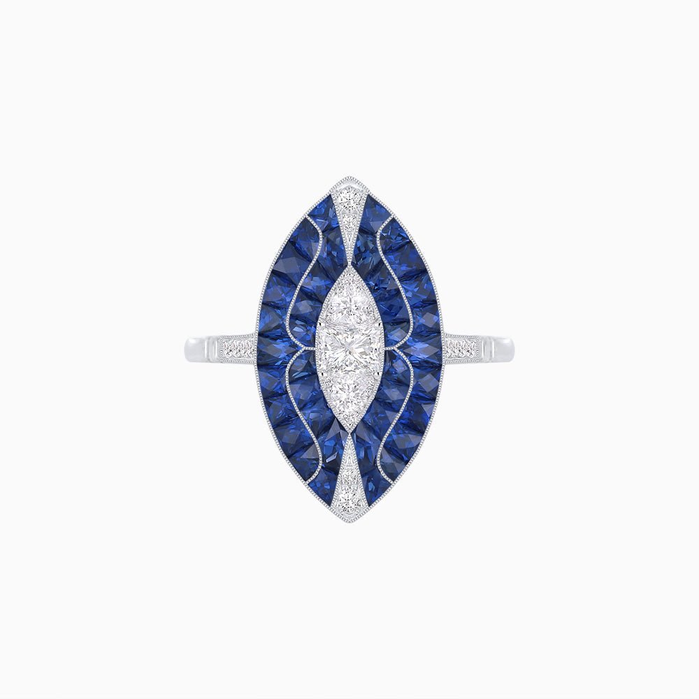 Art Deco Style Marquise Shape Center Clover Illusion Ring with Gemstone - Shahin Jewelry