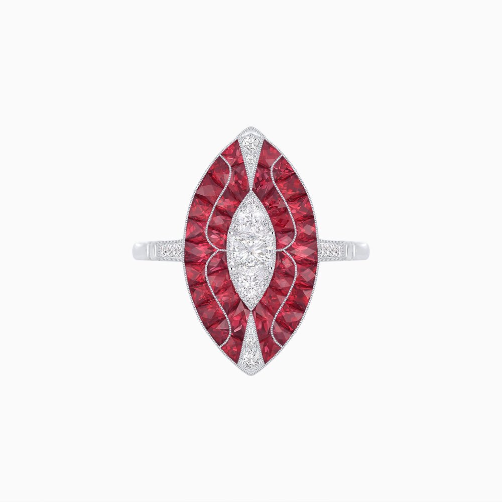 Art Deco Style Marquise Shape Center Clover Illusion Ring with Gemstone - Shahin Jewelry