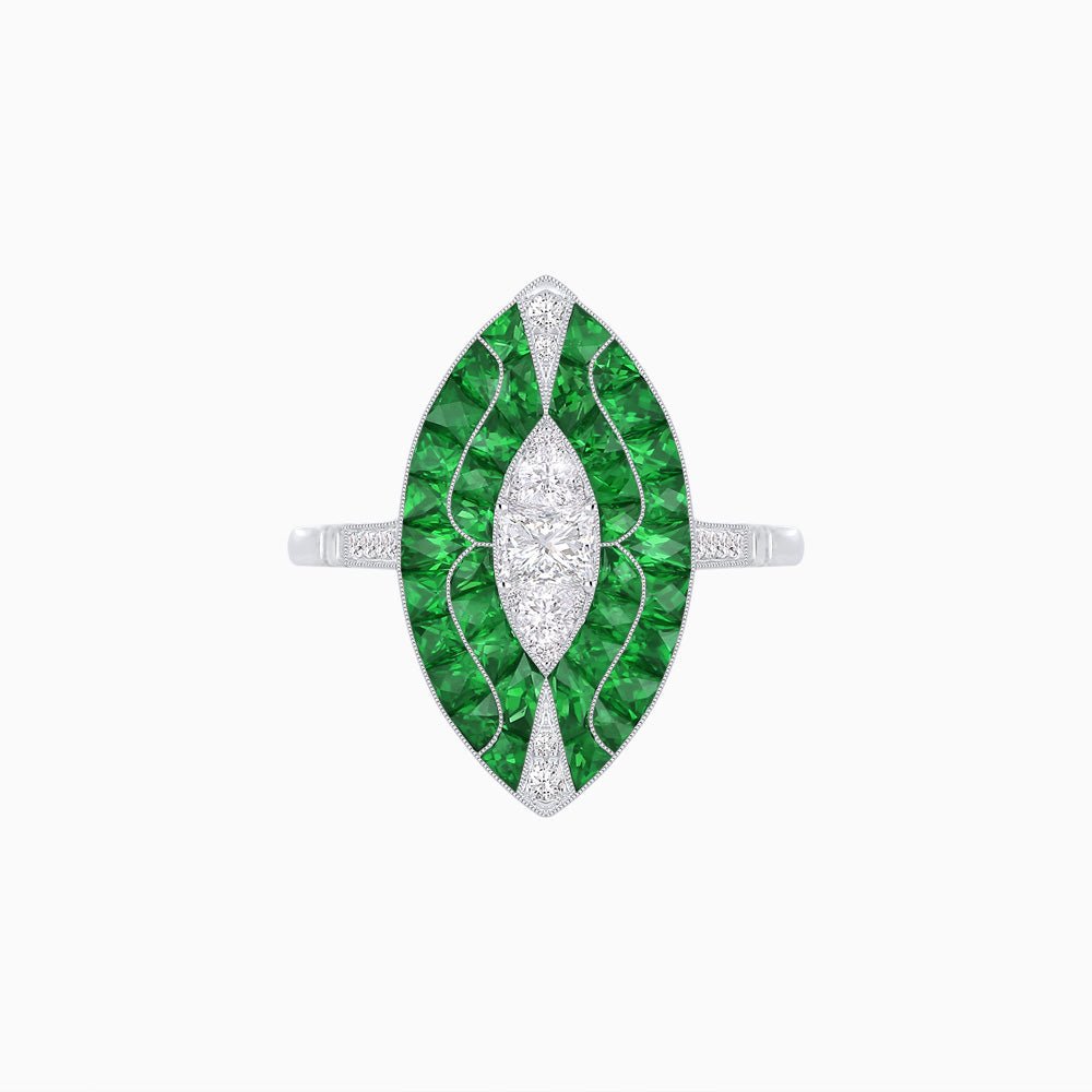 Art Deco Style Marquise Shape Center Clover Illusion Ring with Gemstone - Shahin Jewelry