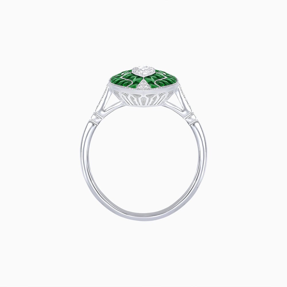 Art Deco Style Marquise Shape Center Clover Ring with Diamond and Gemstone - Shahin Jewelry