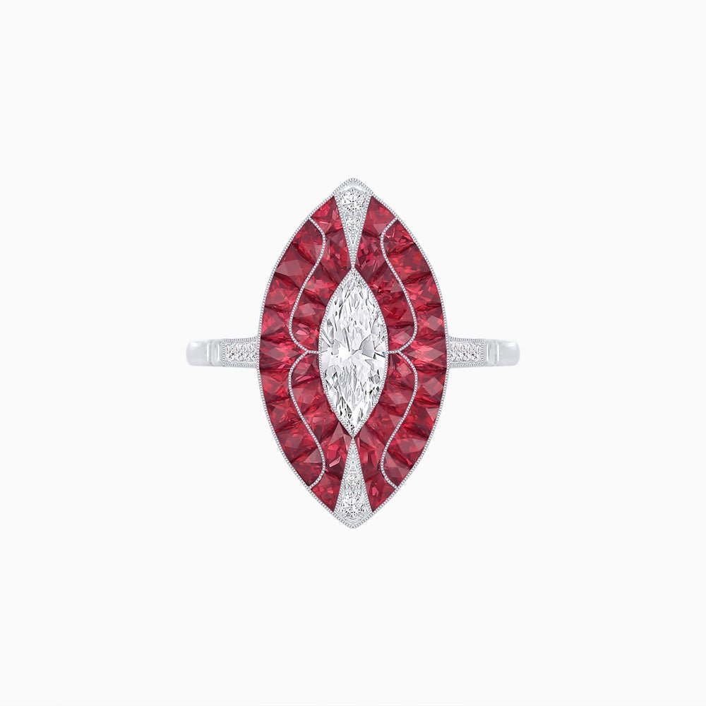 Art Deco Style Marquise Shape Center Clover Ring with Diamond and Gemstone - Shahin Jewelry