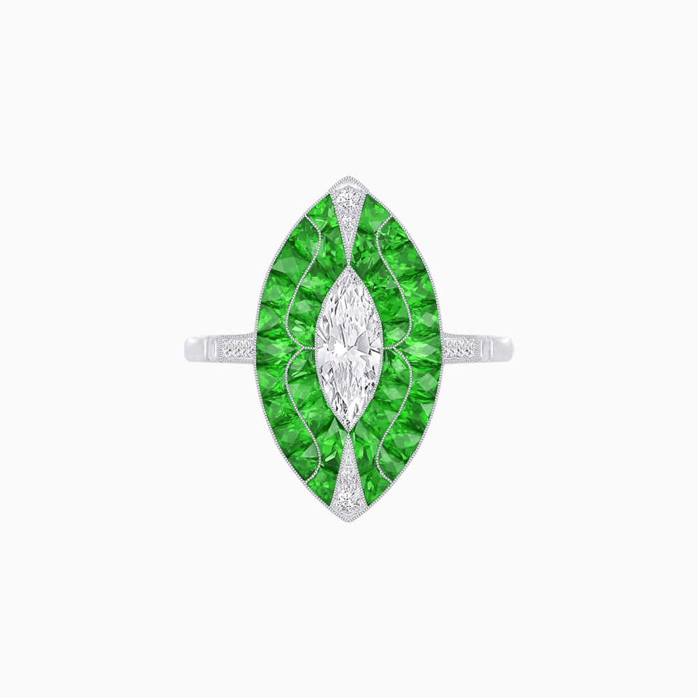 Art Deco Style Marquise Shape Center Clover Ring with Diamond and Gemstone - Shahin Jewelry
