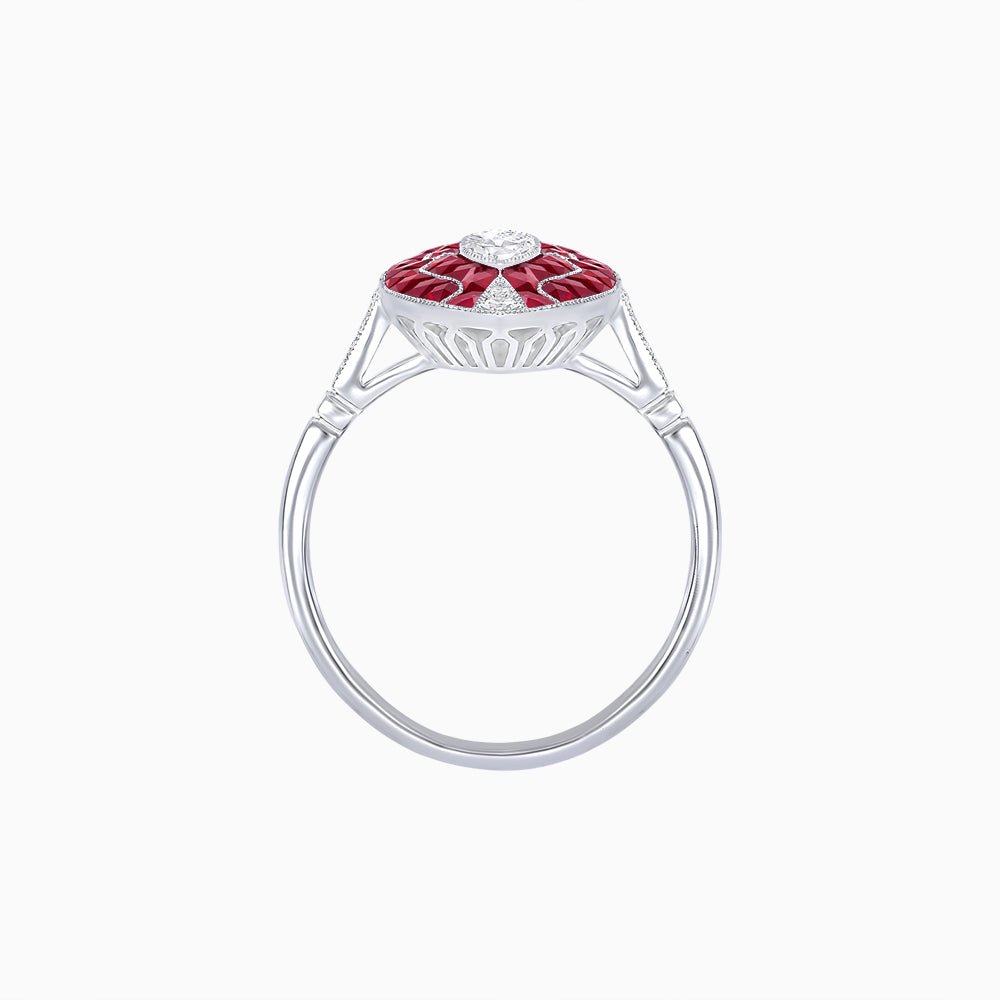 Art Deco Style Marquise Shape Center Clover Ring with Diamond and Gemstone - Shahin Jewelry