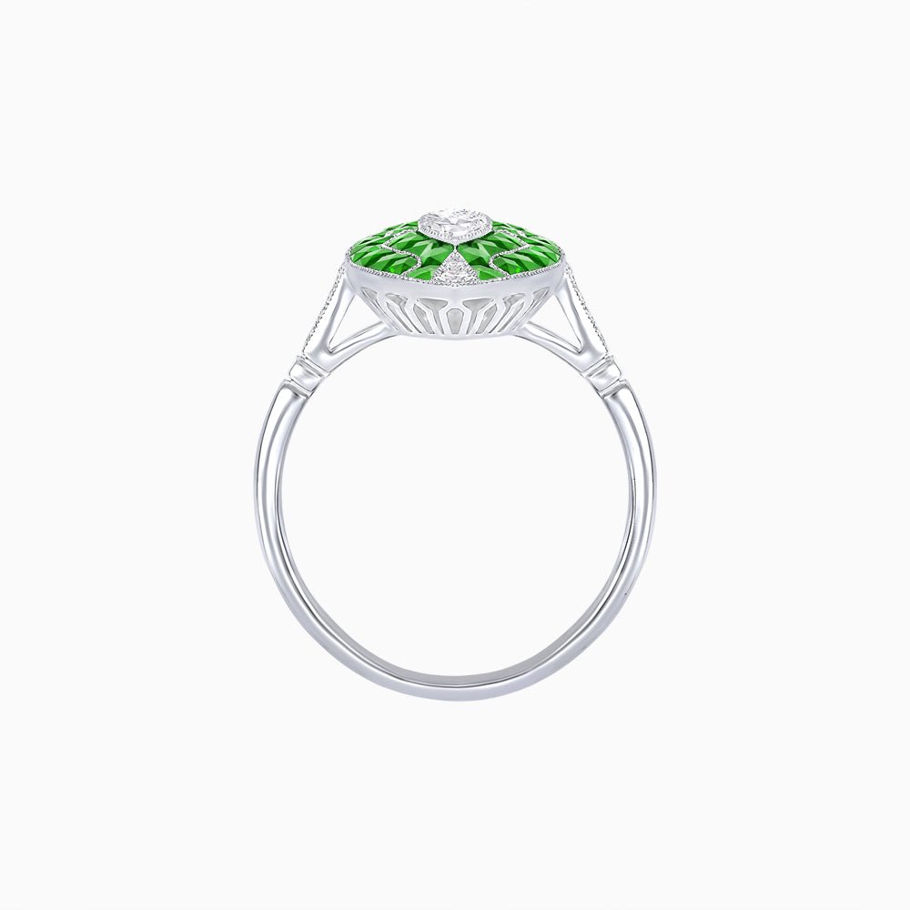 Art Deco Style Marquise Shape Center Clover Ring with Diamond and Gemstone - Shahin Jewelry