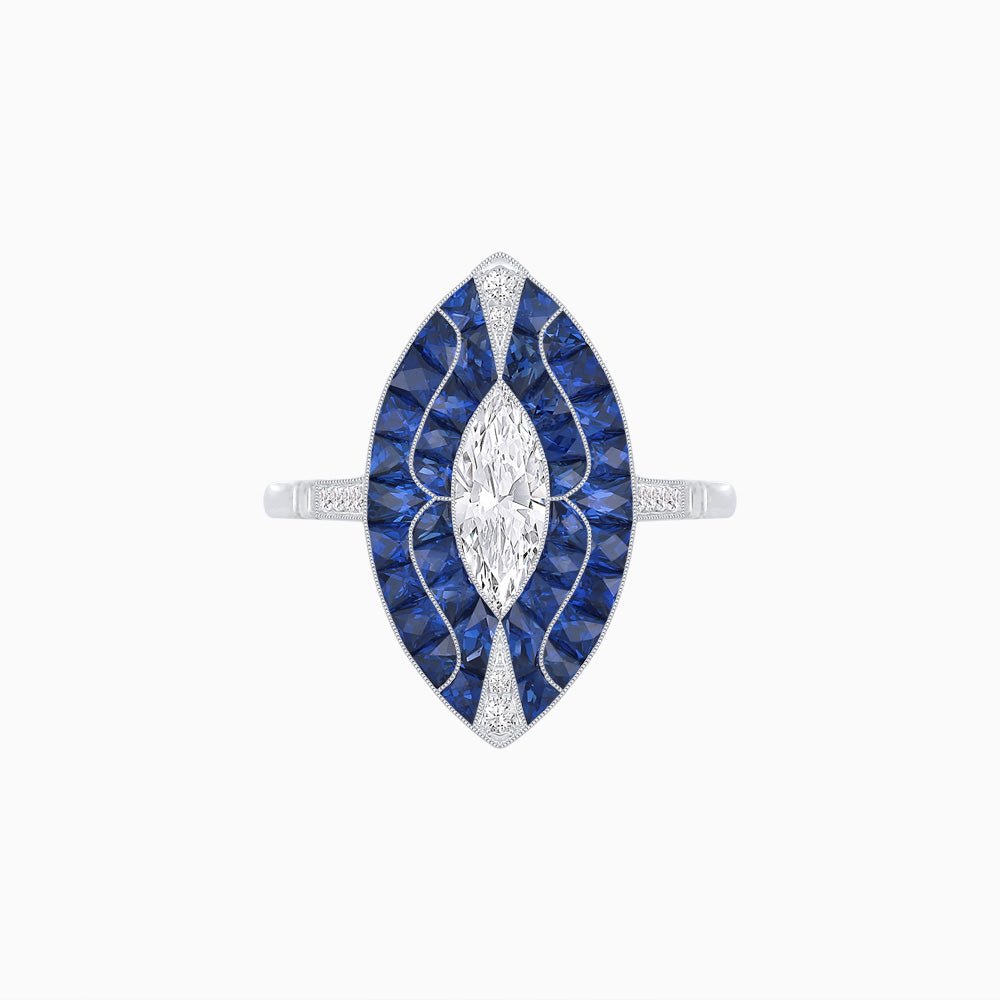 Art Deco Style Marquise Shape Center Clover Ring with Diamond and Gemstone - Shahin Jewelry