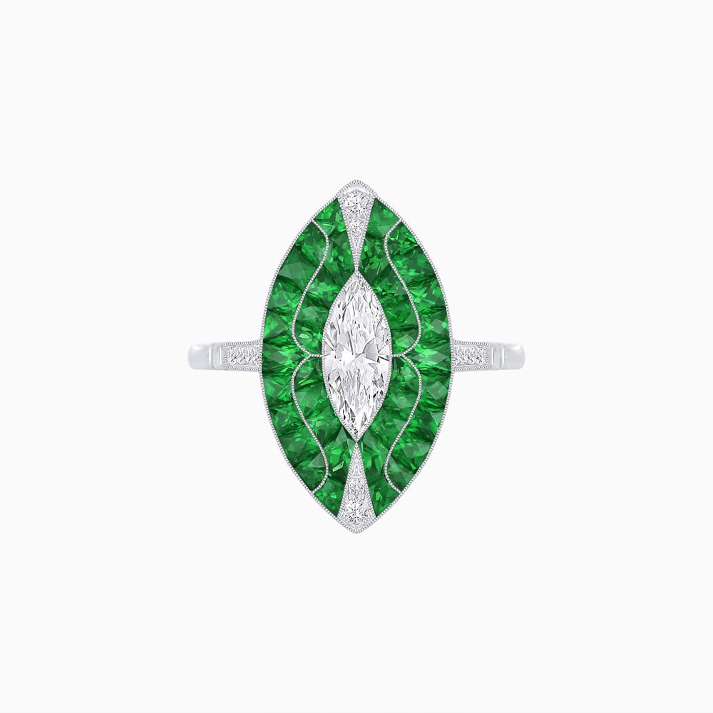 Art Deco Style Marquise Shape Center Clover Ring with Diamond and Gemstone - Shahin Jewelry