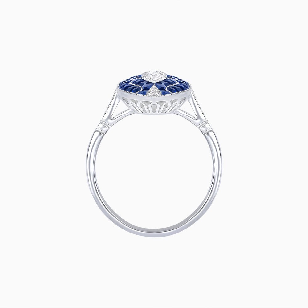 Art Deco Style Marquise Shape Center Clover Ring with Diamond and Gemstone - Shahin Jewelry