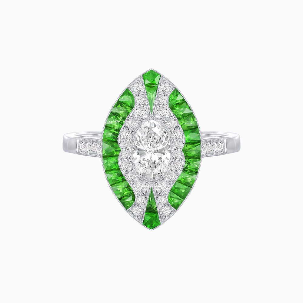 Art Deco Style Oval Center Clover Ring with Diamond - Shahin Jewelry