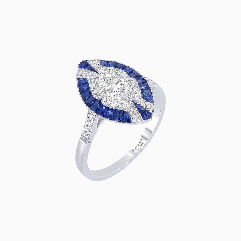 Art Deco Style Oval Center Clover Ring with Diamond - Shahin Jewelry